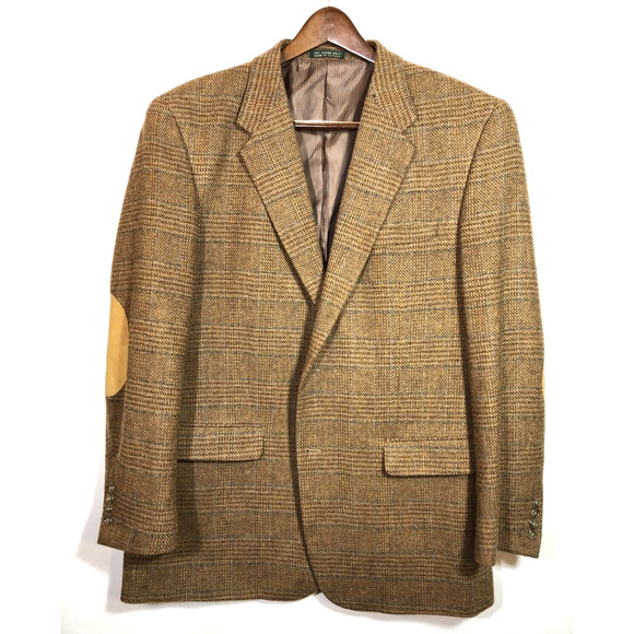 Tweed Plaid Blazer Brown and Blue 46 Two-Button Wool Academia Elbow Patches - Picture 10 of 14